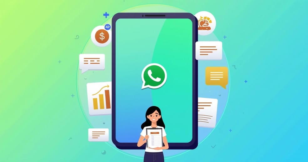 Smartphone with WhatsApp logo, sales automation icons, and digital assistant character.