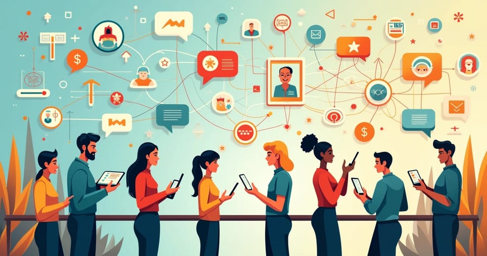 Ambiente vibrante de vendas omnichannel com representantes usando diversos dispositivos digitais.