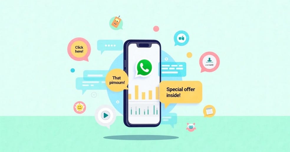 Ilustração de um smartphone com interface do WhatsApp destacando interações e ícones chamativos.
