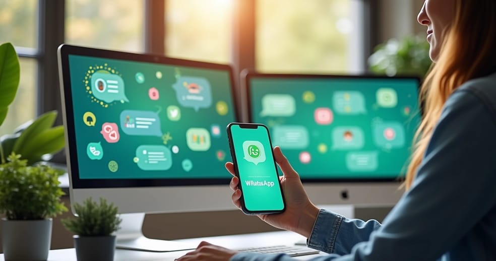 Espaço de trabalho moderno com interface do WhatsApp e ícones de integração em fundo colorido.