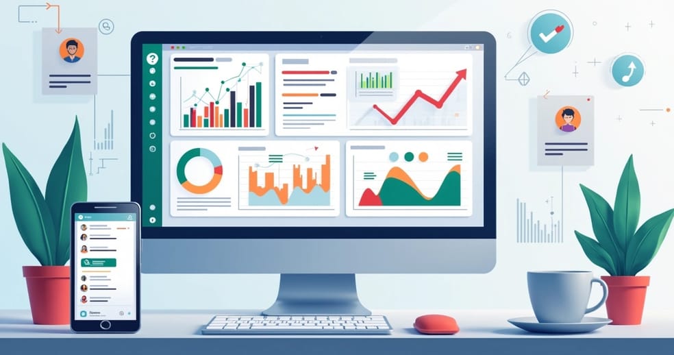 Tela de computador exibindo gráficos e relatórios de dados do WhatsApp com interface moderna