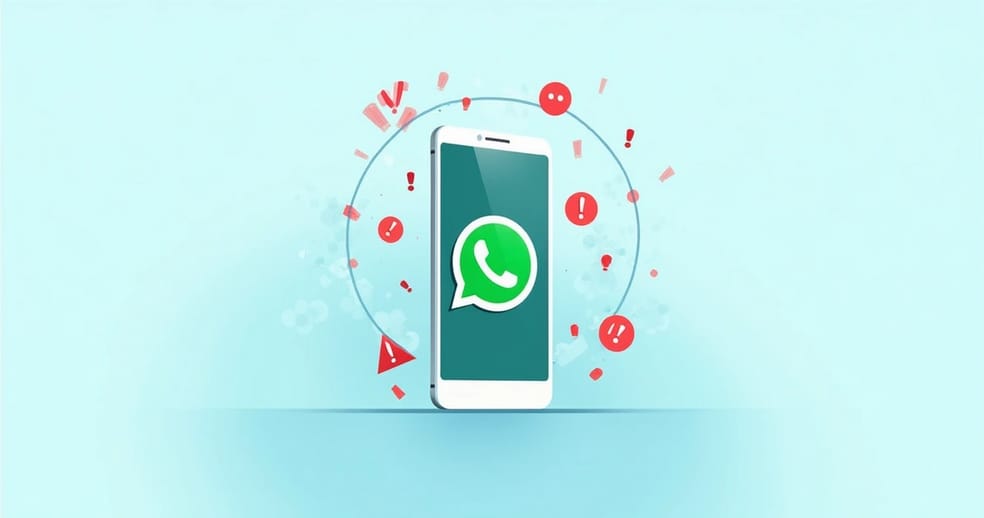 Tela de celular mostrando ícone do WhatsApp com símbolos de alerta e erros ao redor