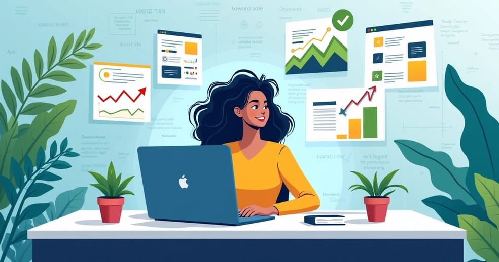 Mulher sentada em uma mesa moderna, trabalhando em estratégias de remarketing no WhatsApp, gráficos ao redor.