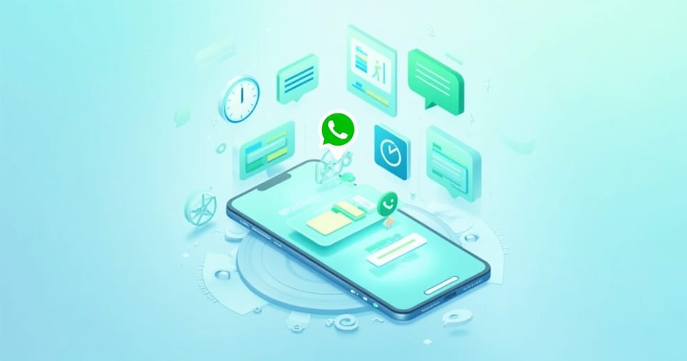 Interface de smartphone mostrando fluxos automatizados de atendimento via WhatsApp com elementos gráficos de chatbot e notificações