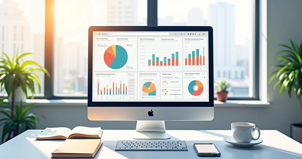 Mesa de escritório com organização digital de leads e gráficos de produtividade na tela de computador
