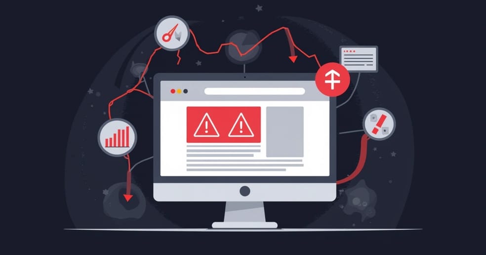 Tela de computador mostrando website com alerta de conteúdo de baixa qualidade e gráficas de penalização do Google