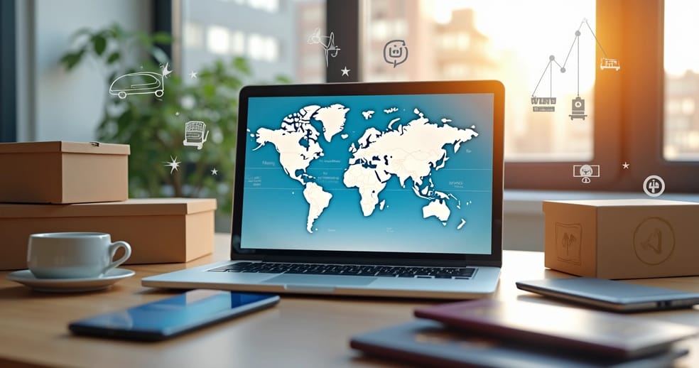 Mesa com laptop aberto mostrando gráfico de vendas globais, mapas mundiais e pacotes de envio ao redor