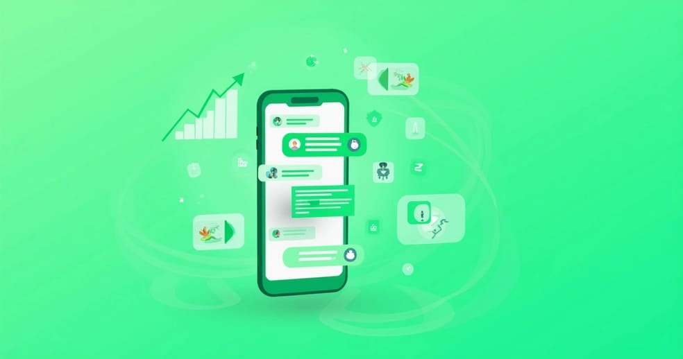 Interface do WhatsApp com mensagens interativas e gráficos de engajamento em fundo verde