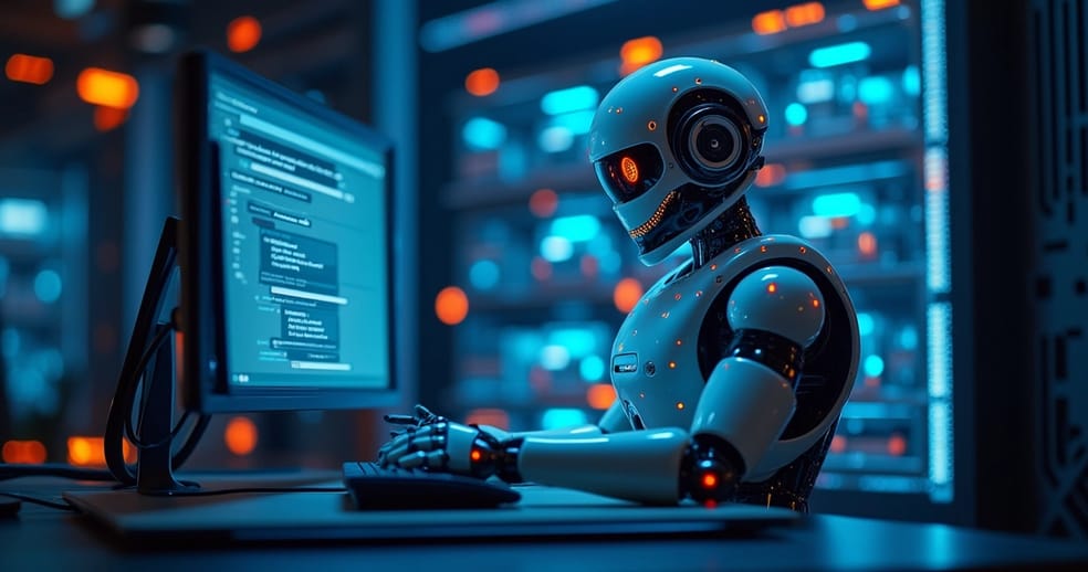 Tela de computador mostrando chatbot automatizado com ícones de alerta e clientes frustrados ao fundo