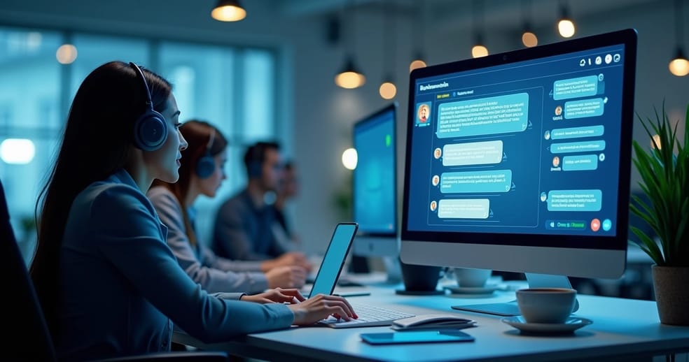 Interface de chatbot inteligente respondendo perguntas em atendimento digital com ícones de mensagens e interação
