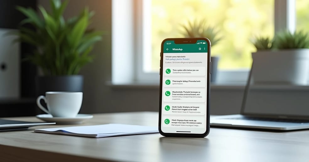 Smartphone mostrando notificações de mensagens pós-venda no WhatsApp em ambiente de escritório moderno com luz natural