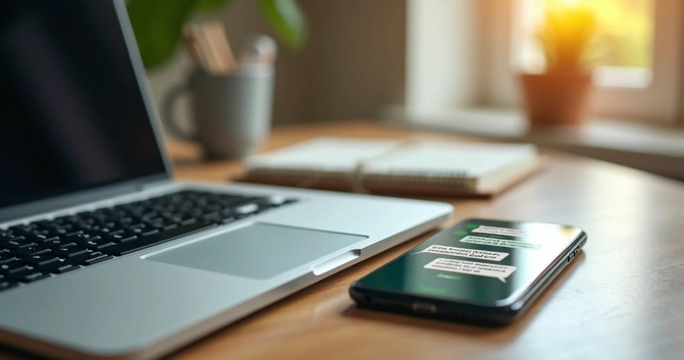 Mesa com smartphone exibindo conversa de WhatsApp sobre carrinho abandonado, teclado e anotações ao redor