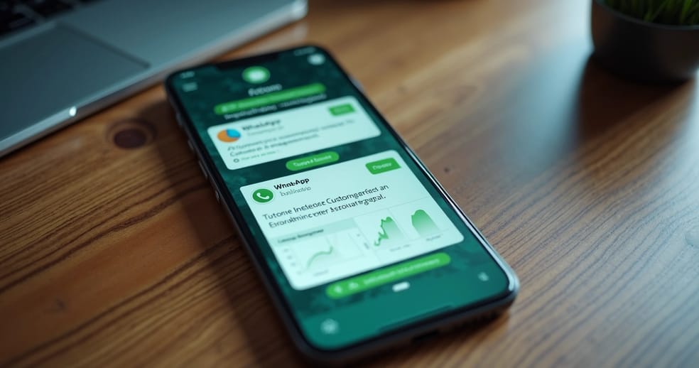 Tela de smartphone exibindo notificações automáticas do WhatsApp em interface de automação com gráficos de crescimento e interação de clientes