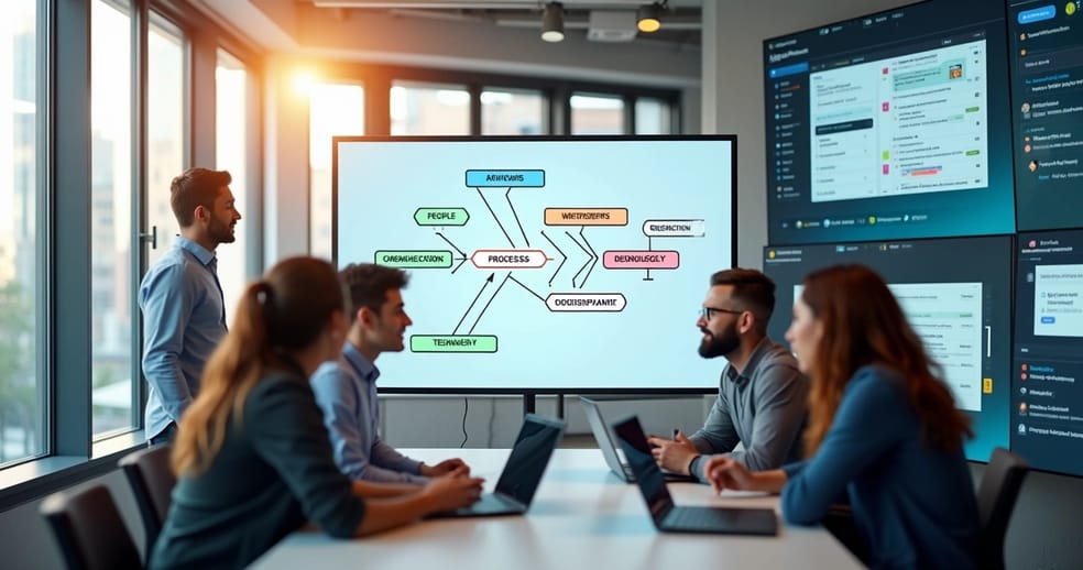 Diagrama de Ishikawa detalhado com causas e efeitos para melhorar atendimento digital