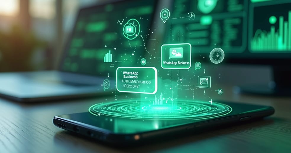 Interface digital mostrando chatbot automatizado no WhatsApp com ícones de mensagens, gráficos de engajamento e integração com CRM