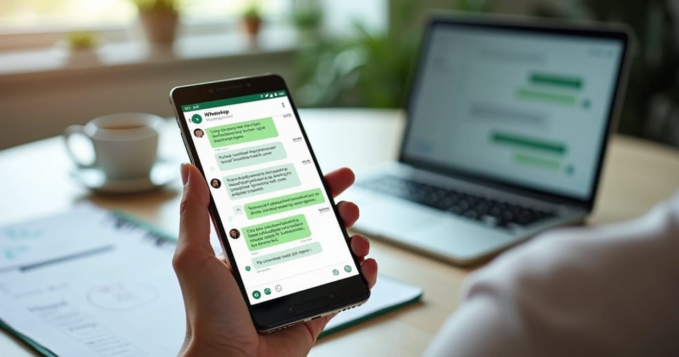 Pessoa usando celular com interface do WhatsApp exibindo mensagens automáticas de vendas