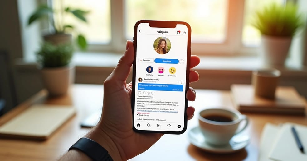Tela de celular exibindo uma bio de Instagram criativa com emojis, hashtags e link personalizado