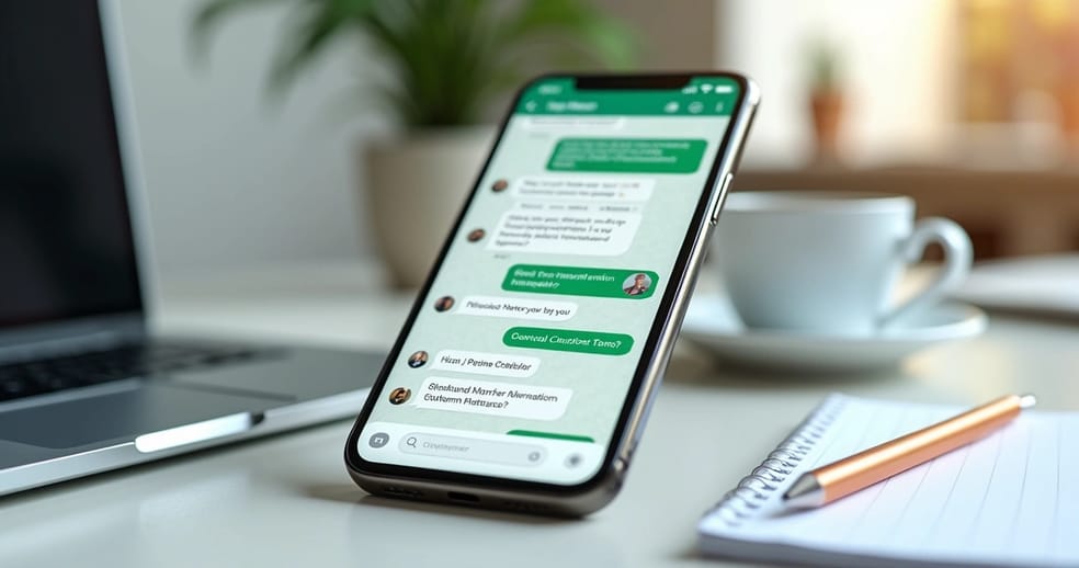Tela de smartphone exibindo conversa automatizada de chatbot no WhatsApp com mensagens interativas e botões de opções