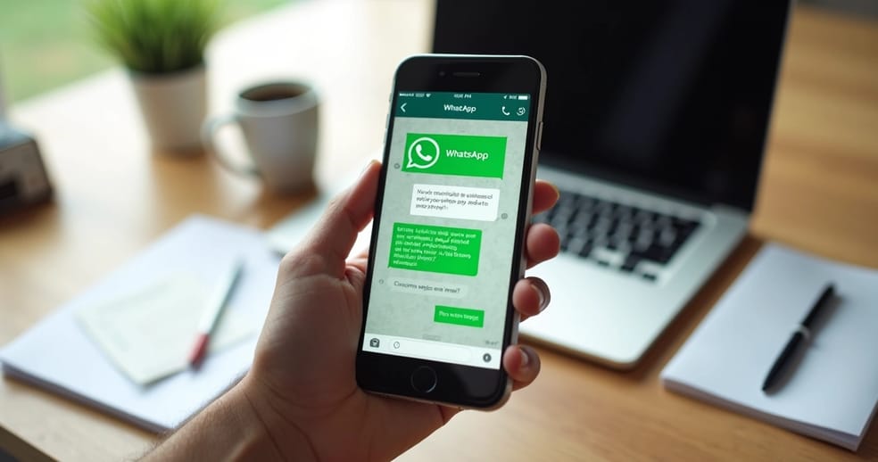 Pessoa interagindo com smartphone mostrando conversas automatizadas no WhatsApp com mensagens e ícones de áudio e vídeo