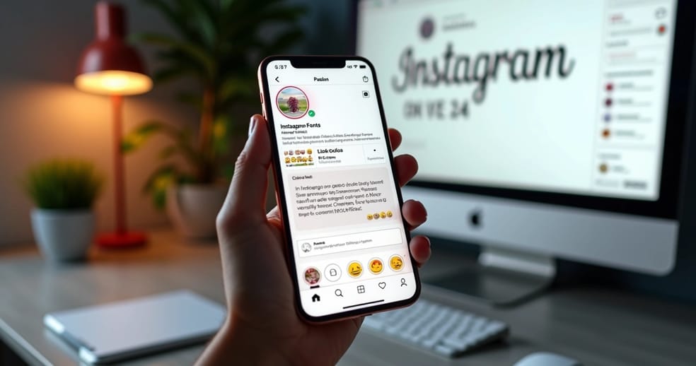 Tela de smartphone mostrando edição de biografia no Instagram com emojis, hashtags e link personalizado