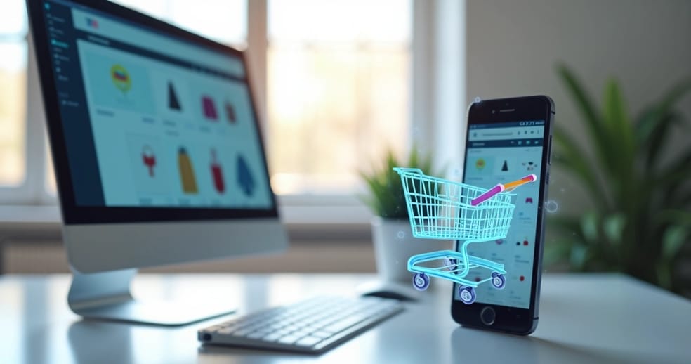 Tela de computador e celular exibindo compras online integradas em diferentes dispositivos