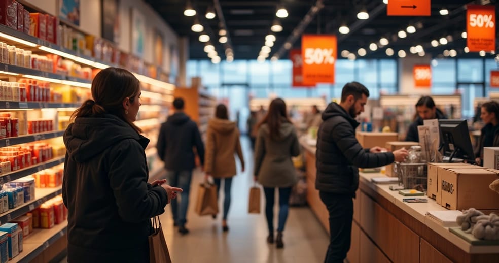 Interior de uma loja movimentada na Black Friday com clientes fazendo compras e etiquetas de desconto visíveis