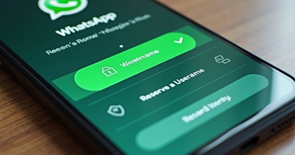 Tela de smartphone mostrando a interface do WhatsApp com opção para reservar nome de usuário, ícones de cadeado e escudo indicando segurança e privacidade