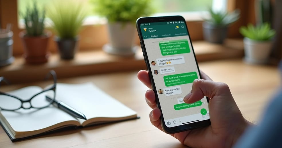 Mão segurando smartphone com tela do WhatsApp aberta mostrando conversa ativa, com ícones de mensagem, notificações e emojis, fundo de mesa de trabalho com notebook, anotações e plantas