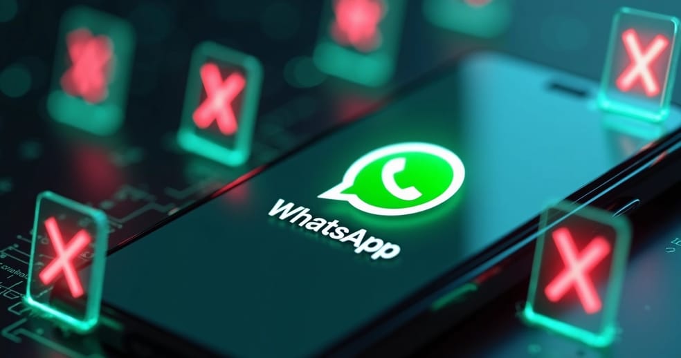 Tela de smartphone mostrando símbolo do WhatsApp com ícones de chatbots bloqueados ao redor