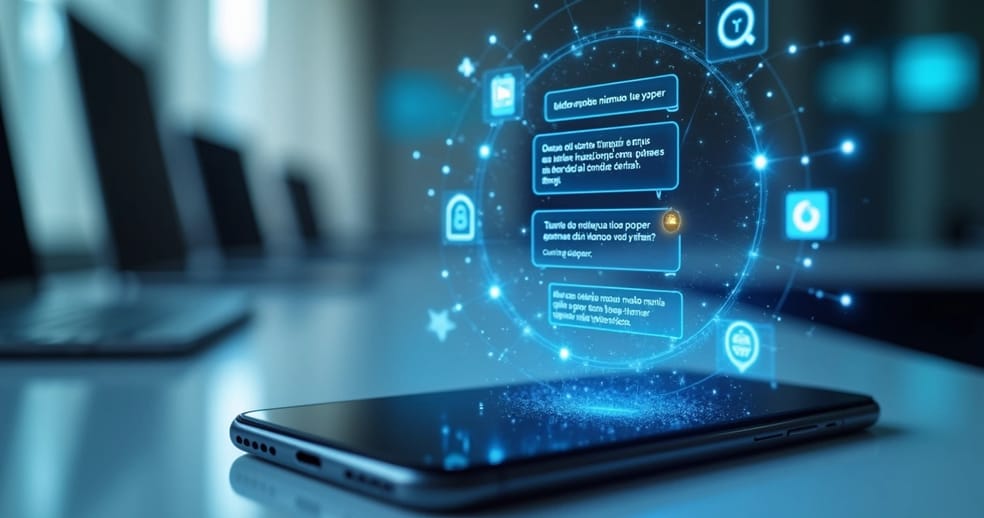 Interface digital mostrando chatbot respondendo mensagens automáticas em smartphone com gráficos e ícones de integração de sistemas ao fundo