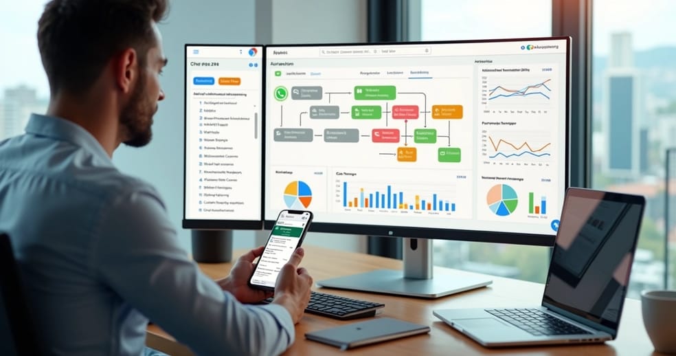 Gestor analisando fluxos automatizados de cobrança no WhatsApp em painel com gráficos