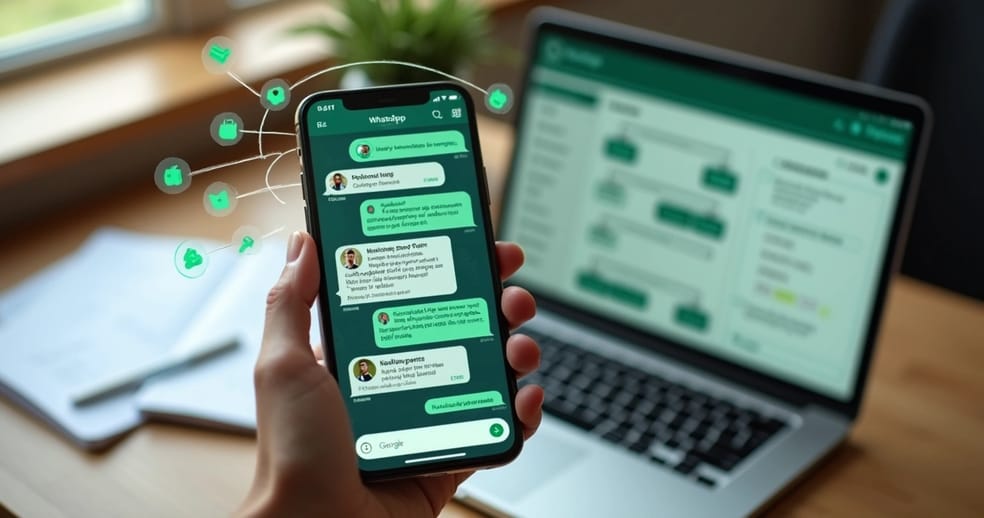 Tela de celular com fluxo de jornada de compra personalizada no WhatsApp