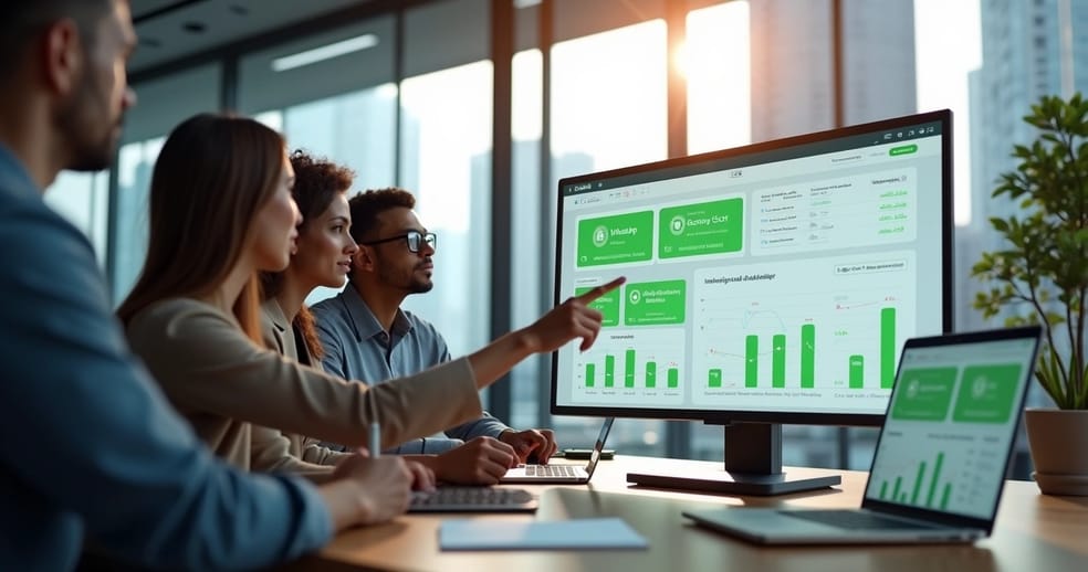 Equipe B2B analisando painel de pós-venda automatizado no computador