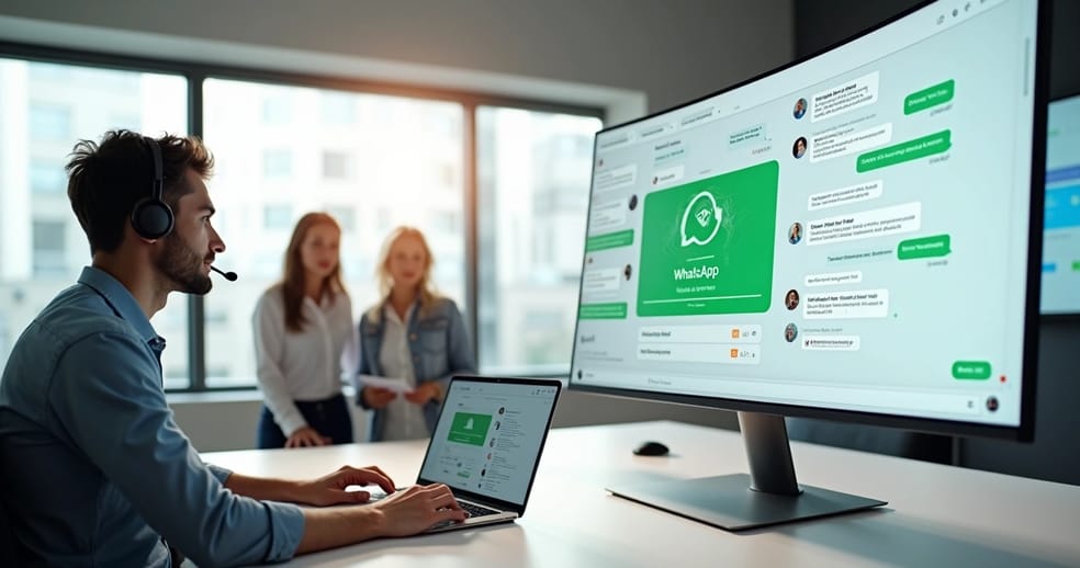 Equipe monitorando automação de atendimento omnichannel em painel com chatbot no WhatsApp