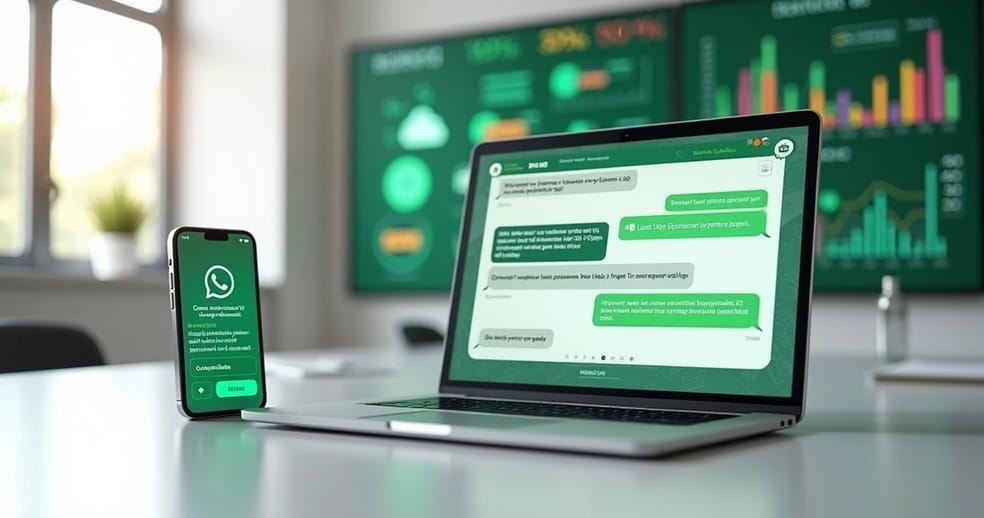 Tela de chatbot de WhatsApp com conversa de vendas e painel de métricas ao fundo