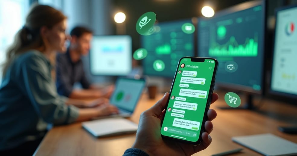Tela de celular com WhatsApp aberto e chatbot conversando sobre vendas em um escritório moderno