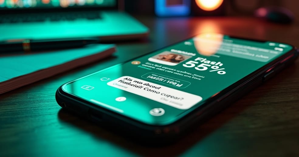 Tela de celular com oferta relâmpago no WhatsApp destacada com contagem regressiva