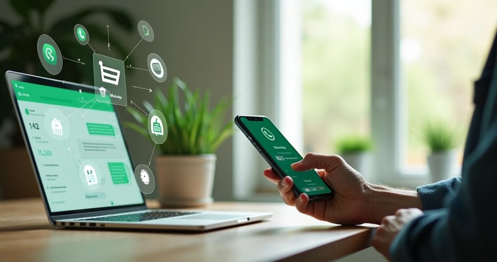 Empresário usando notebook e smartphone com tela do WhatsApp aberta ao lado de ícones de vendas e automação