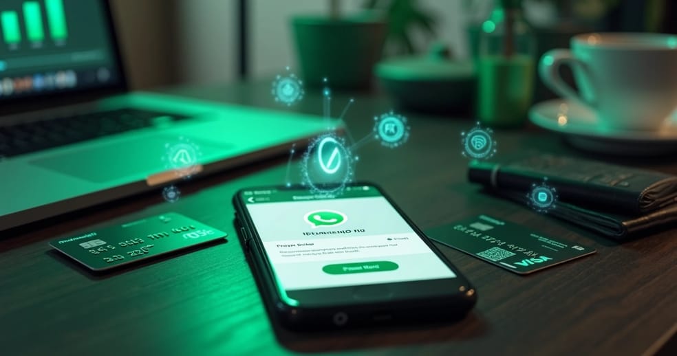 Tela de WhatsApp em smartphone ao lado de cartão e ícones de pagamentos digitais