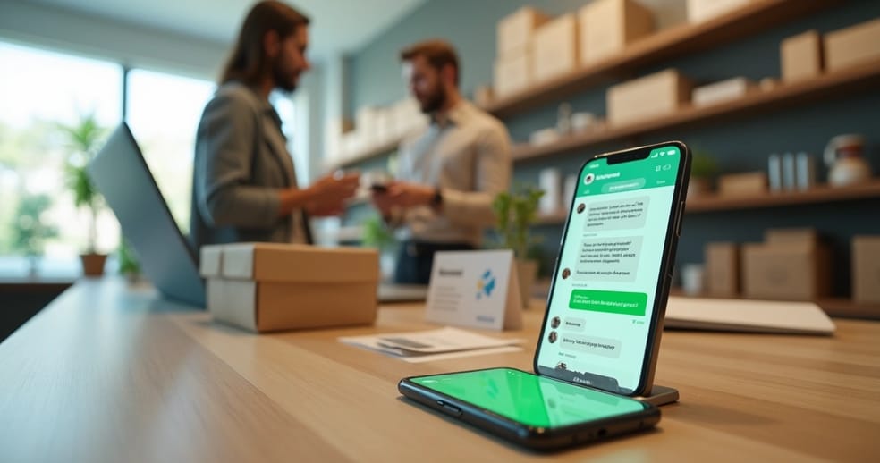 Cliente recebendo resposta automática de bot de WhatsApp em loja moderna