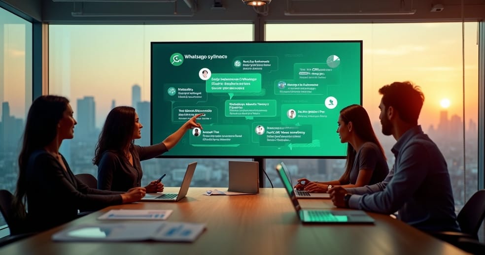 Equipe de vendas em reunião estratégica com projeção de tela gigante de WhatsApp