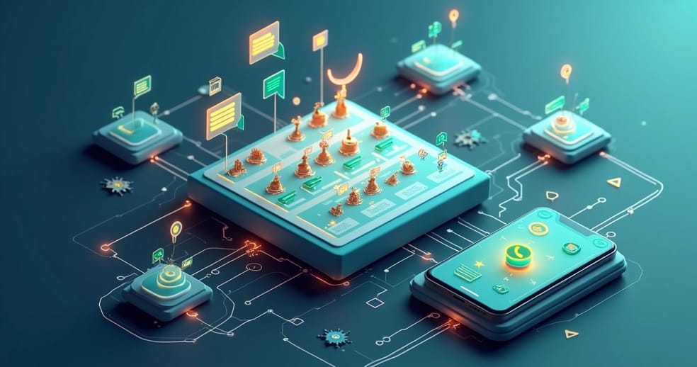 Ilustração de marketplace conectado ao WhatsApp com ícones de notificações automáticas