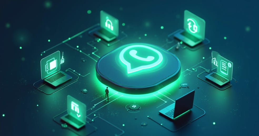 Balão de chat de WhatsApp estilo robô conectado a ilustrações de jornada do cliente