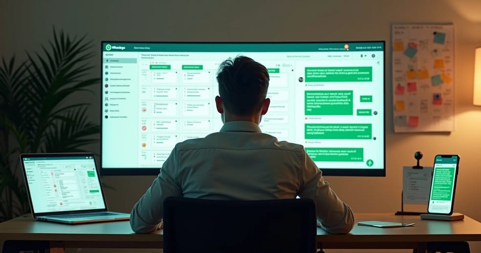 Profissional em escritório controlando campanhas de WhatsApp em painel digital
