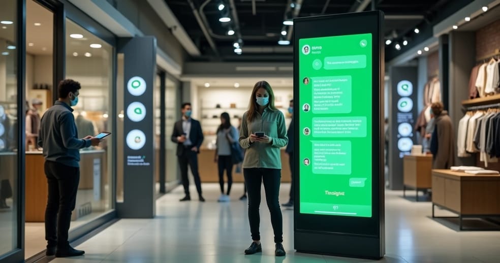 Atendente humano ao lado de totem com chatbot de WhatsApp em loja moderna
