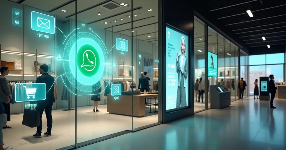 Cenário de loja física integrada a painéis digitais e notificações de WhatsApp
