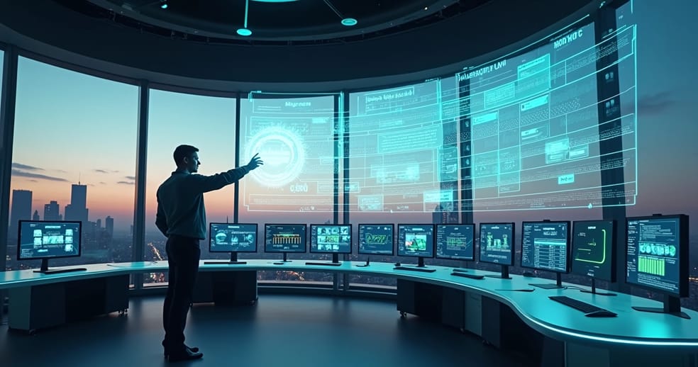 Executivo ativando painel de migração para API oficial do WhatsApp em ambiente corporativo moderno