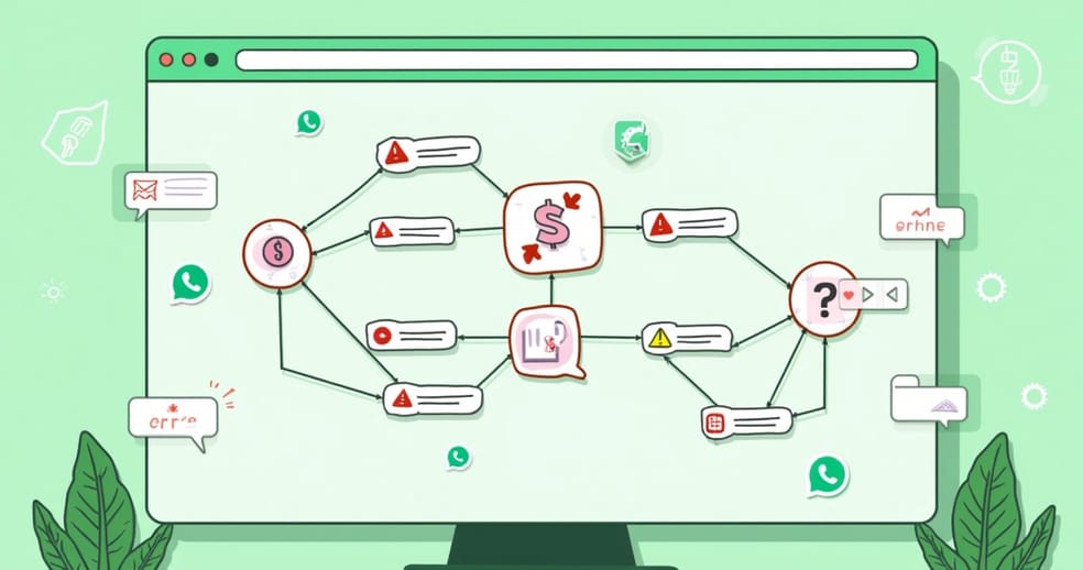 Tela de computador mostrando um fluxo de automação do WhatsApp com erros destacados em vermelho e avisos de alerta ao redor