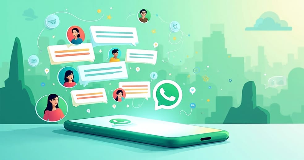 Interface do WhatsApp com atendentes interagindo com clientes em um cenário digital colorido.