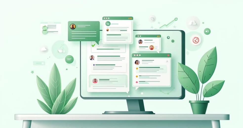 Interface moderna de ferramenta de transmissão do WhatsApp exibida em tela de computador com gráficos e ícones de mensagens automatizadas